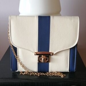 Shoulder Clutch Crossbody Faux Leather Navy Ivory Stripe Goldtone Chain Bag